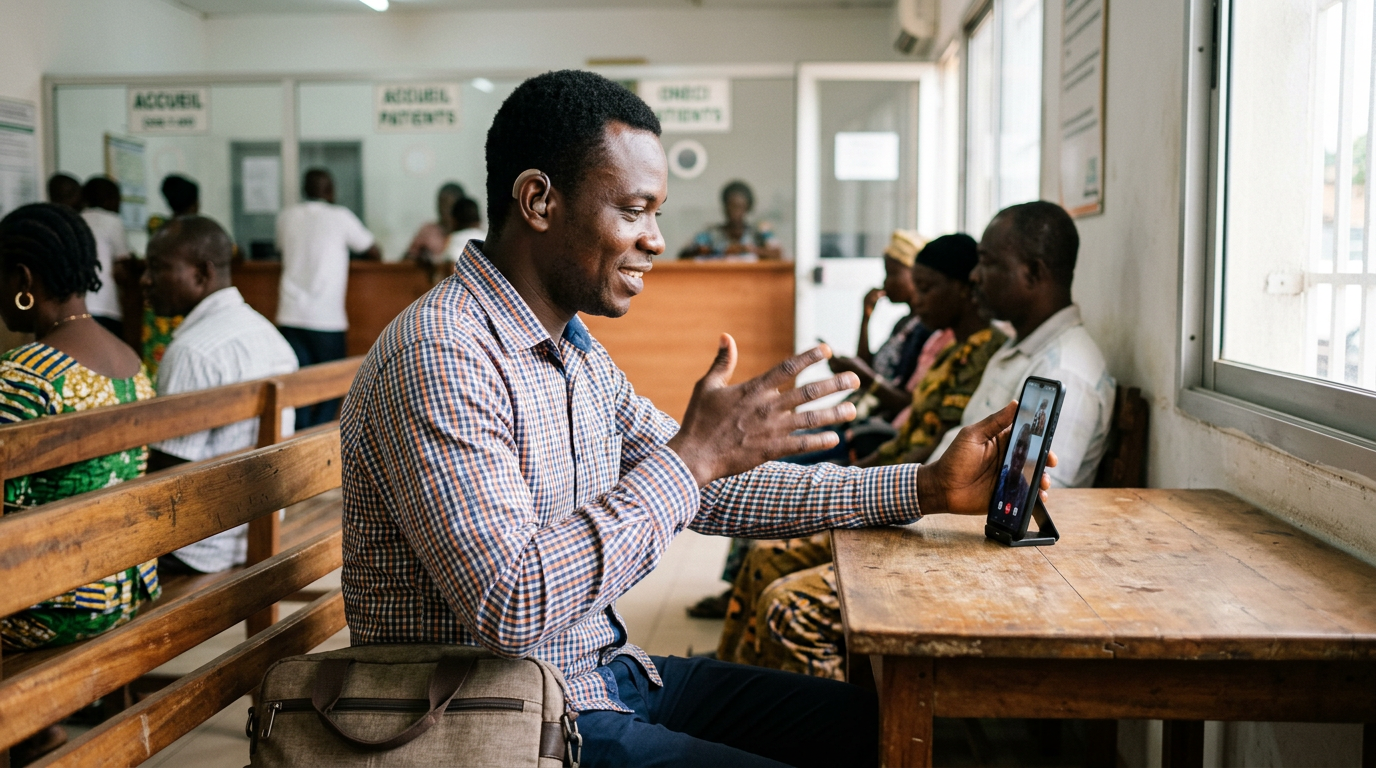 Deaf person using a phone or laptop for everyday communication access in Cote d'Ivoire