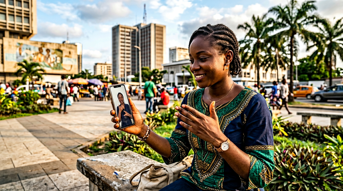 Deaf user in a West African urban setting using a smartphone for communication access