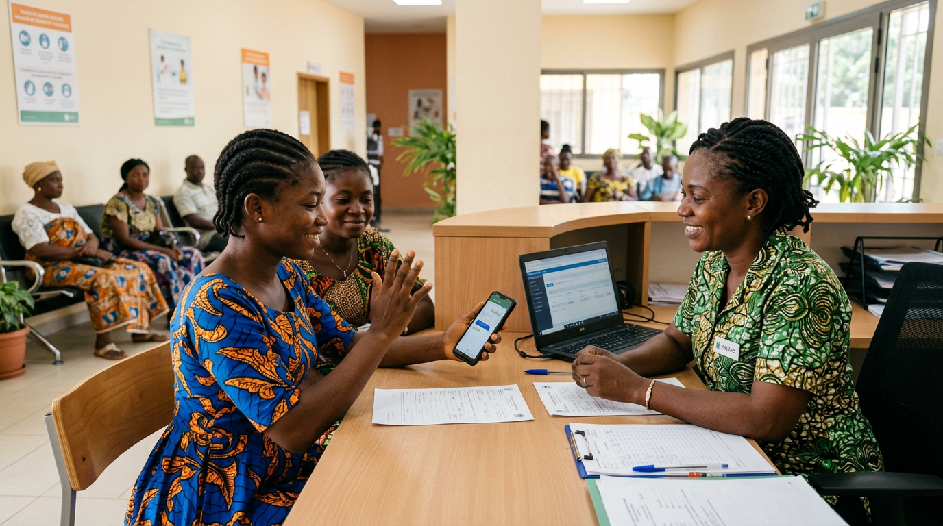 Public-service counter in Cote d'Ivoire with an accessibility communication moment on a smartphone